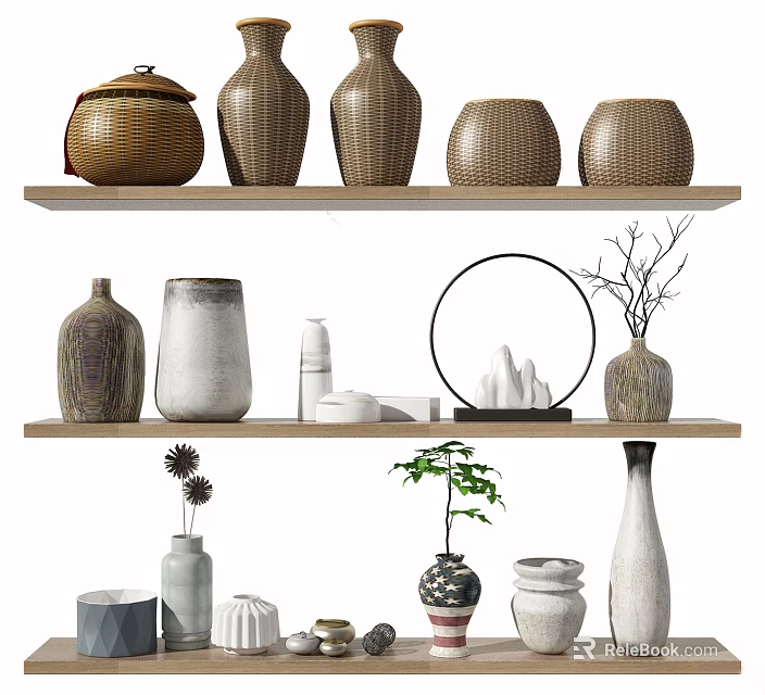 Stylish Decorative Ornament Combination On Shelves With Vases Decorative Ring Small Plants And Dried Flowers 3d model 