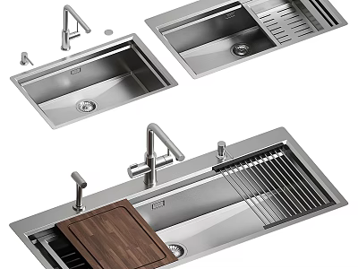 Modern Stainless Steel Kitchen Sink With Faucet Drainage Rack And Wooden Cutting Board 3d model