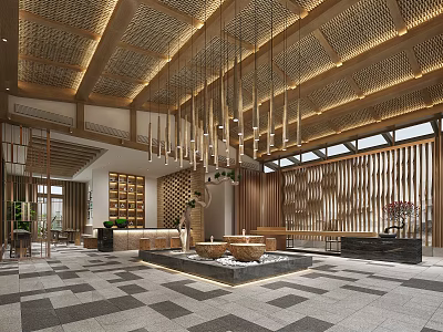 Elegant Hotel Lobby Interior With Wooden Ceiling Hanging Lights And Decorative Seating Area 3d model