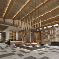 Elegant Hotel Lobby Interior With Wooden Ceiling Hanging Lights And Decorative Seating Area