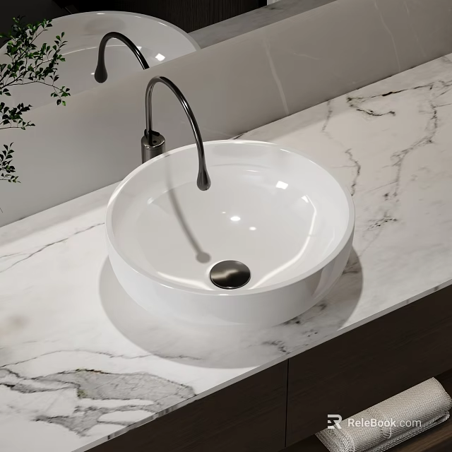 Modern White Wash Basin On Marble Countertop With Black Faucet And Mirror 3d model 