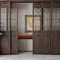 Chinese Style Wooden Sliding Doors With Lattice Design Interior And Green Plants Art Painting