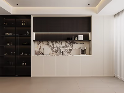 Contemporary Sideboard With Dark Glass Display Shelves Upper Cabinets Light Lower Storage And Marble Top 3d model