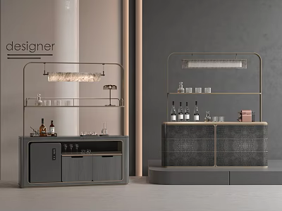 Modern Functional Table With Glass Shelves Wine Bottles Glasses And Storage Cabinets 3d model