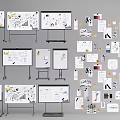 Comprehensive Collection of Musical Instruments and Art Supplies with Whiteboard Designs and Drawing Tools