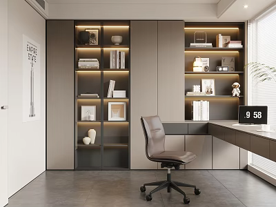 Modern Study Room Interior with Bookshelves Books Decorations Desk And Office Chair 3d model