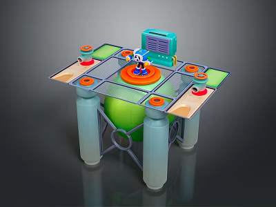 Game Character Standing On Circular Platform With Green Sphere Base White Pillars And Blue Device 3d model