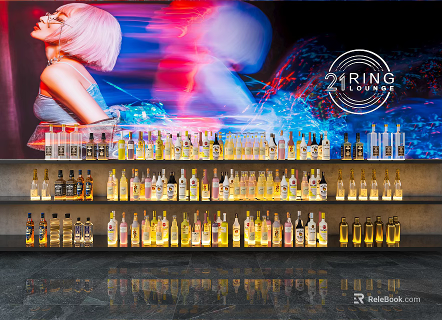 Modern Bar Lounge Interior With Stylishly Displayed Wine Bottles And Glasses 3d model 