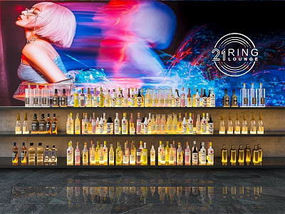 Modern Bar Lounge Interior With Stylishly Displayed Wine Bottles And Glasses 3d model