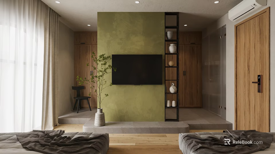 Minimalist Bedroom Interior With Green Wall Wooden Wardrobe TV Plant And Decorative Vase 3d model 
