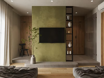 Minimalist Bedroom Interior With Green Wall Wooden Wardrobe TV Plant And Decorative Vase 3d model