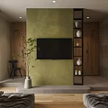 Minimalist Bedroom Interior With Green Wall Wooden Wardrobe TV Plant And Decorative Vase