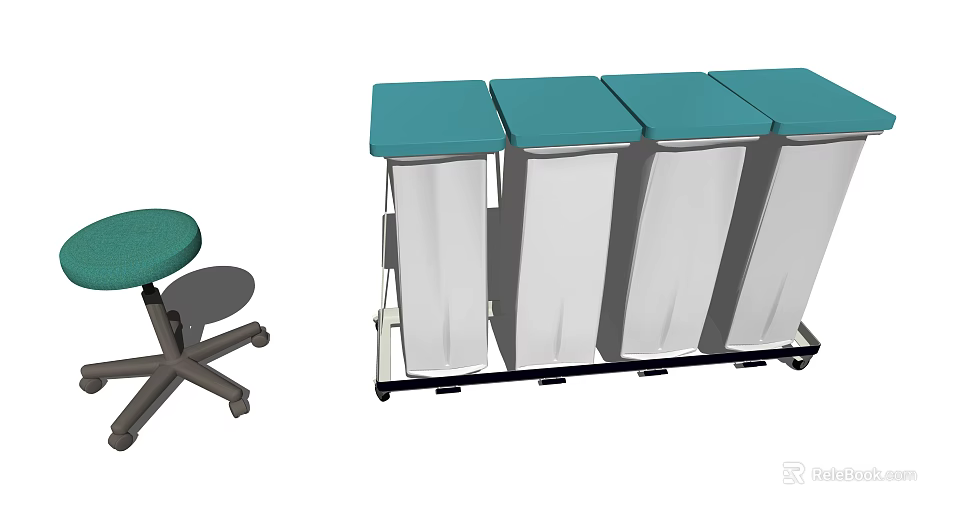 Public Facility Space With Four Blue Covered Trash Bins And Green Seat 3d model 