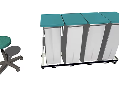 Public Facility Space With Four Blue Covered Trash Bins And Green Seat 3d model