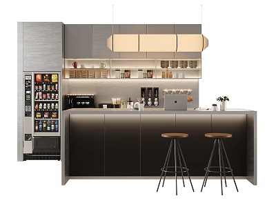 Modern Functional Office Coffee Bar With Vending Machine Professional Coffee Equipment And Wooden Bar Stools 3d model