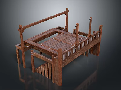 Traditional Wooden Structure Design With Platform Floor Railing And Pillars 3d model