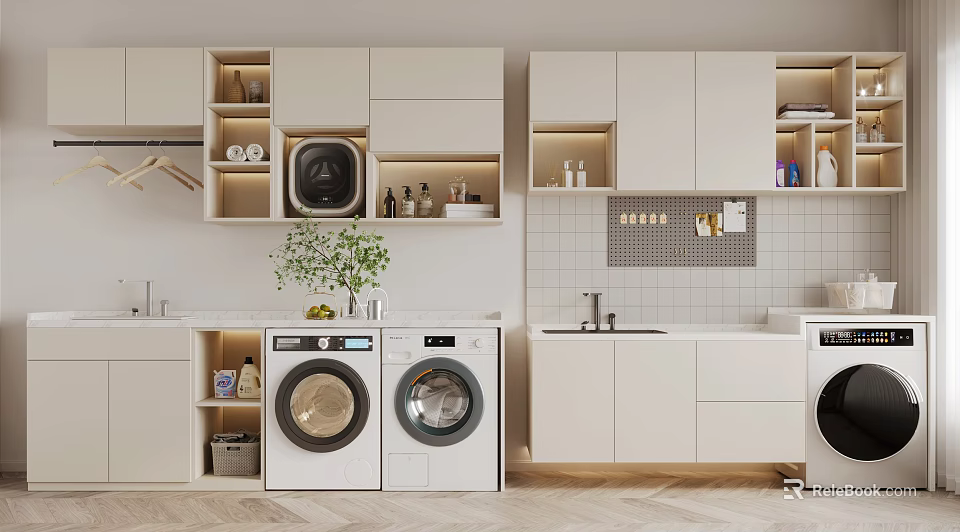 Modern Bathroom Cabinet Rack With White Storage Cabinets And Functional Shelves For Organized Space 3d model 