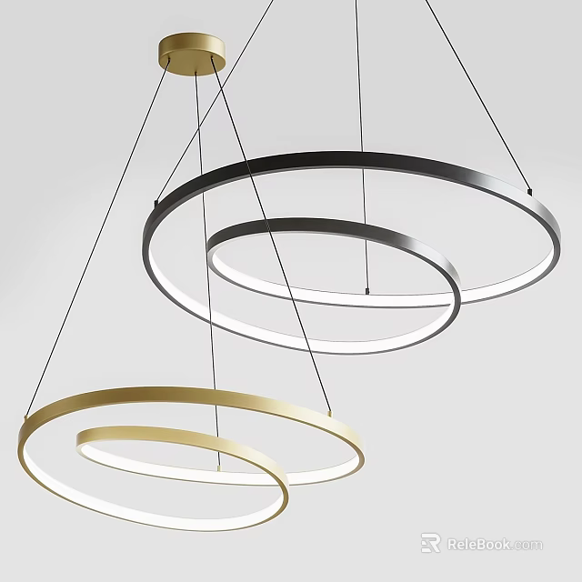 Modern Circular Chandelier Design With Multiple Black Gold Rings For Interior Decor 3d model