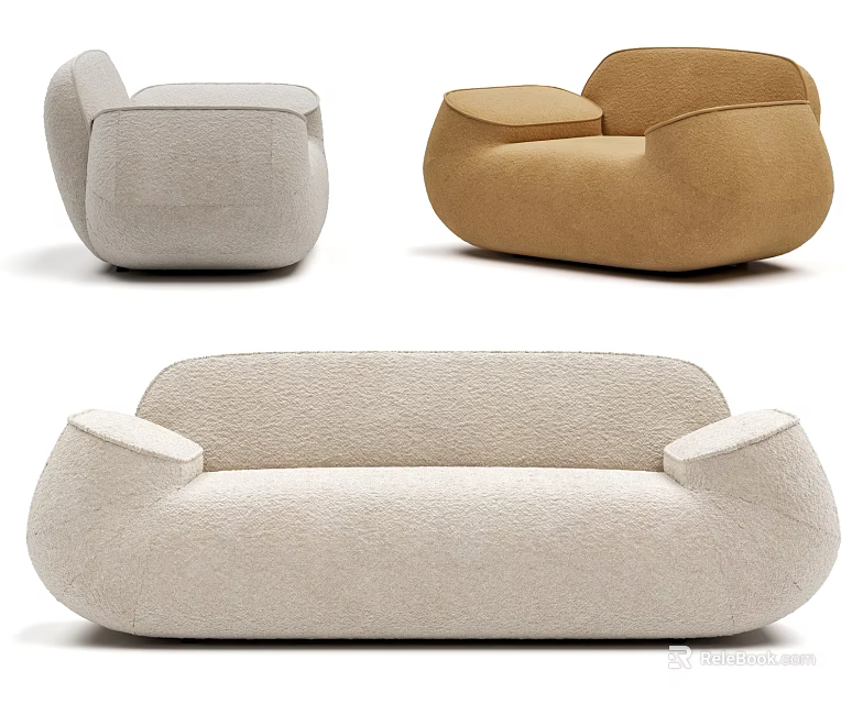 Modern Sofa Set with Light Gray Brown Beige Rounded Fabric Single Three Seats 3d model 