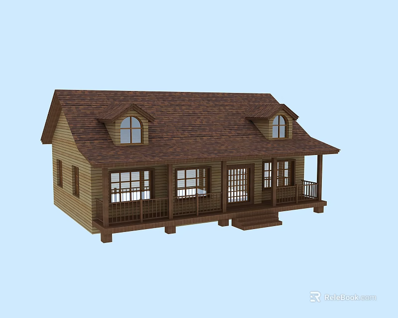 Brown Wooden House Exterior With Tile Roof Dormer Windows Porch And Steps 3d model 