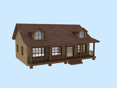 Brown Wooden House Exterior With Tile Roof Dormer Windows Porch And Steps 3d model