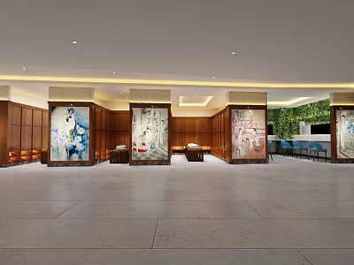 Luxurious SPA Sauna Lobby With Wooden Decor Large Art Paintings Green Plant Wall And Sofas 3d model