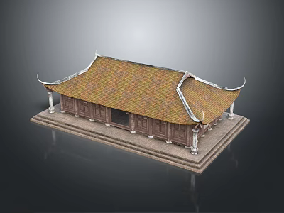 Traditional Ancient Architecture with Yellow Tiled Roof Overhanging Eaves and Wooden Structure on Stone Base 3d model