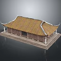 Traditional Ancient Architecture with Yellow Tiled Roof Overhanging Eaves and Wooden Structure on Stone Base