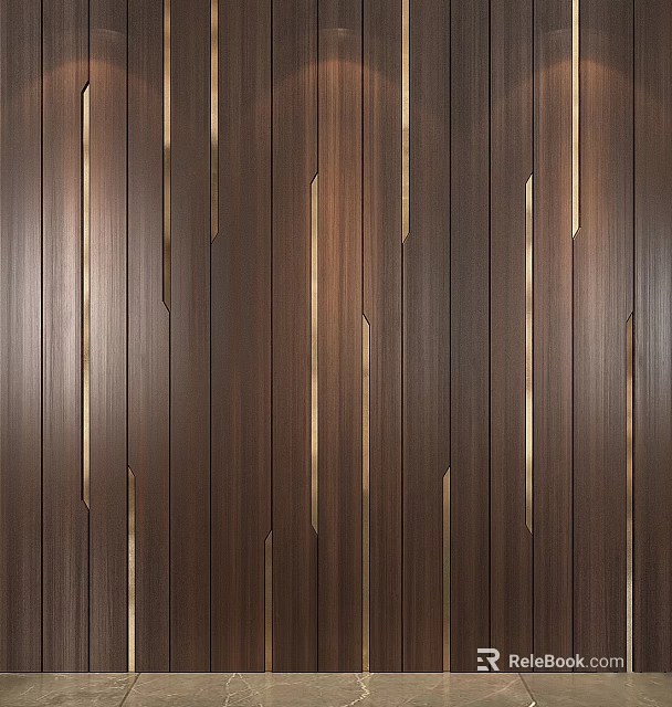 Modern Dark Brown Wooden Wall Panels With Vertical Slats And Inlaid Golden Accents 3d model 