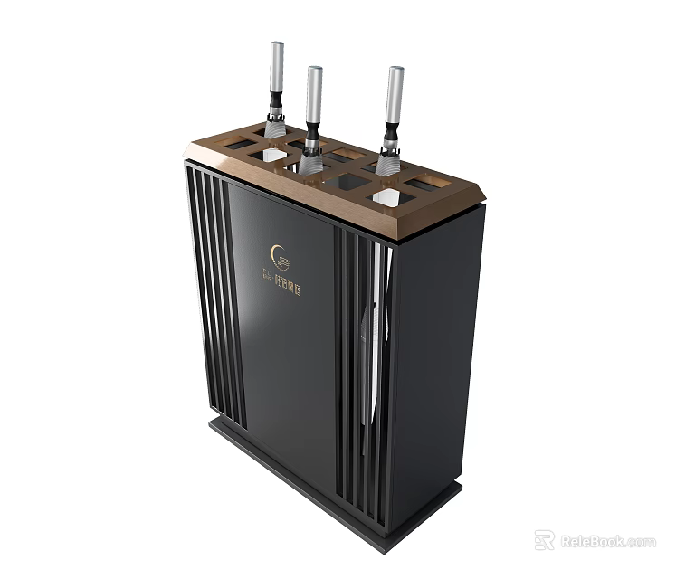 Modern Black Beverage Dispenser With Brown Top Three Silver Nozzles And Circle Logo 3d model 