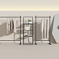Modern Black Garment Racks With Hanging Clothes Mannequin Potted Plant And Round Mirror