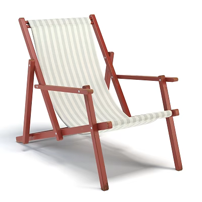 Red Wooden Frame Outdoor Chair with Striped Fabric and Foldable Design 3d model