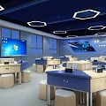 Modern School Classroom Interior With Blue Desks Screens And Hexagonal Lights 3d model