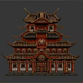 Cartoon Style Traditional Chinese Building With Multi Tiered Red Structure Ornate Eaves And Tile Roof