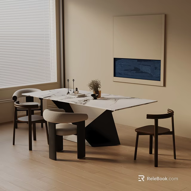 Modern Dining Table Set With Marble Top Matching Chairs Window Side Decorative Painting And Vase 3d model 