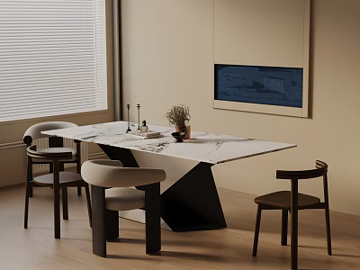 Modern Dining Table Set With Marble Top Matching Chairs Window Side Decorative Painting And Vase 3d model