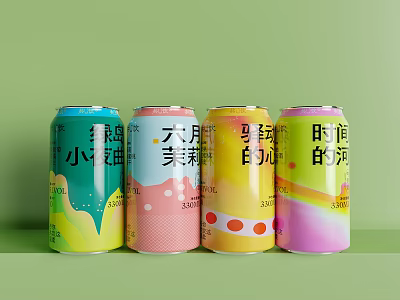 Colorful Canned Beverages With Four Different Vibrant Designs And Assorted Flavors 3d model