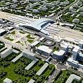 Bird's Eye View Urban Planning with Modern Transportation Hub Buildings Roads and Green Spaces