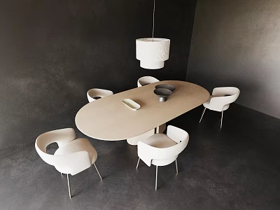 Modern Dining Room Interior With Oval Wooden Table And White Chairs 3d model