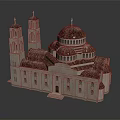 Cartoon Church Scene With Red Domes Towers Spires And Beige Walls