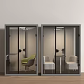 Modern Lounge Pods With Glass Doors Green Chair Beige Seats And Small Tables