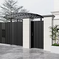 Elegant Black Metal Entrance Gate With Vertical Slats For White Villa Exterior