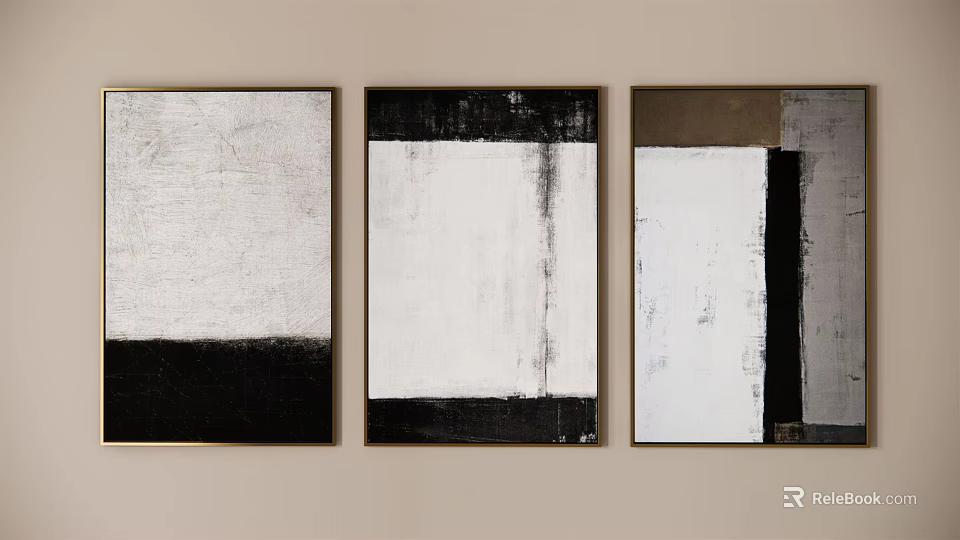Modern Abstract Paintings Hanging On Wall With Black White Gray Textured Frames 3d model