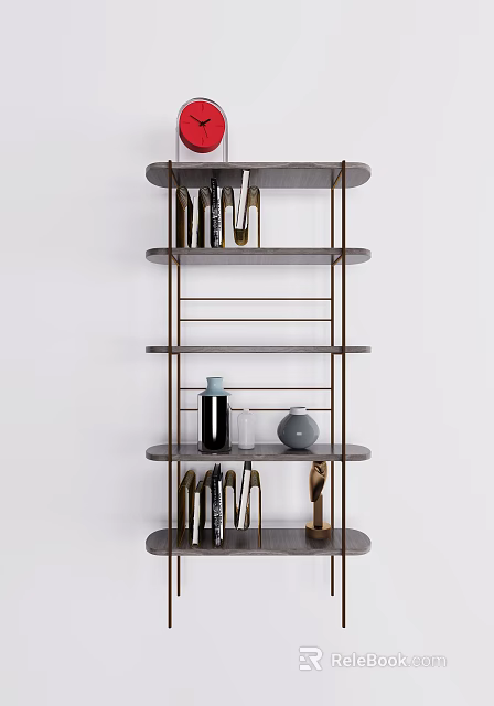 Modern Shelving Unit with Multiple Tiers Metal Frame Grey Shelves and Decorative Items 3d model 