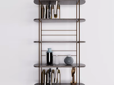 Modern Shelving Unit with Multiple Tiers Metal Frame Grey Shelves and Decorative Items 3d model