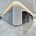 Modern Office Corridor with White Curved Walls Glass Doors Marble Flooring and Lighting Strips