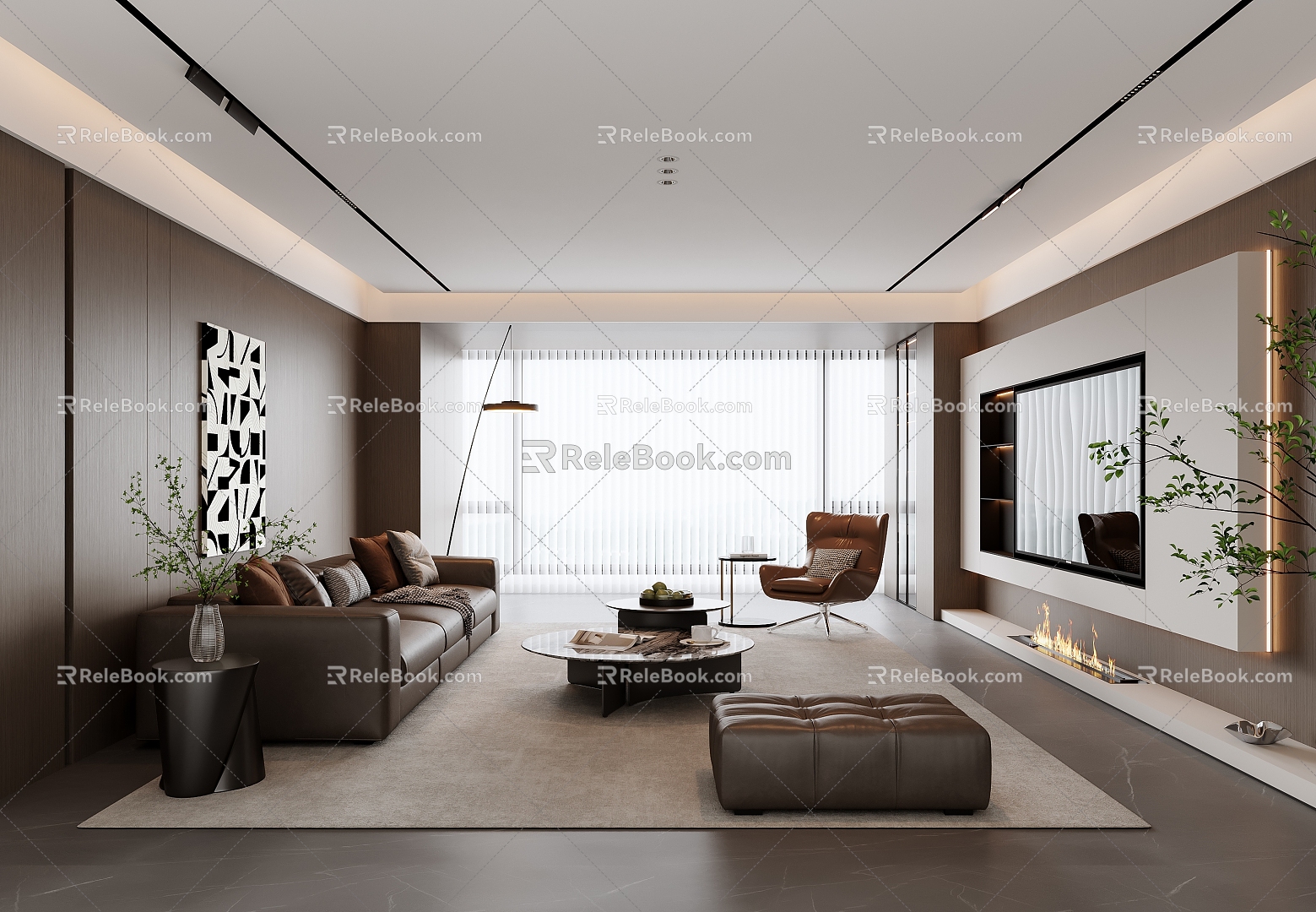 Modern Italian Living Room Sofa Coffee Table Combination Leather Sofa Living Room Sofa Background Wall TV Background Wall Black and White Painting Vase Plants model