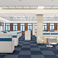 Public Office Space With Cubicles Computers Blue Carpet Wooden Walls Square Ceiling Lights And Office Chairs