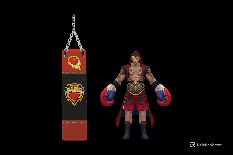 Boxer Character In Red Gold Costume With Gold Belt CHAMP Punching Bag And Blue Gloves 3d model 