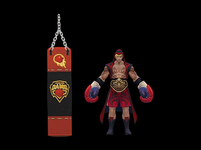 Boxer Character In Red Gold Costume With Gold Belt CHAMP Punching Bag And Blue Gloves 3d model